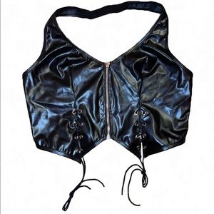 Leather cropped top zipper shirt